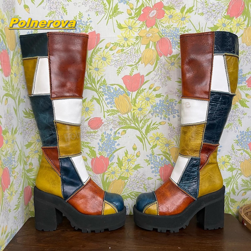 Vintage Style Women Fashion - Kadın Retro Patchwork Deri Diz Yüksek