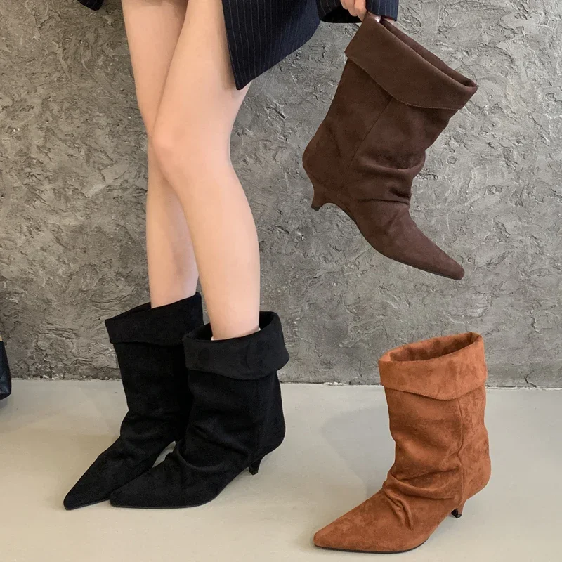 Vintage Style Women Fashion - Aneikeh Kış Sivri Burun Ince Düşük