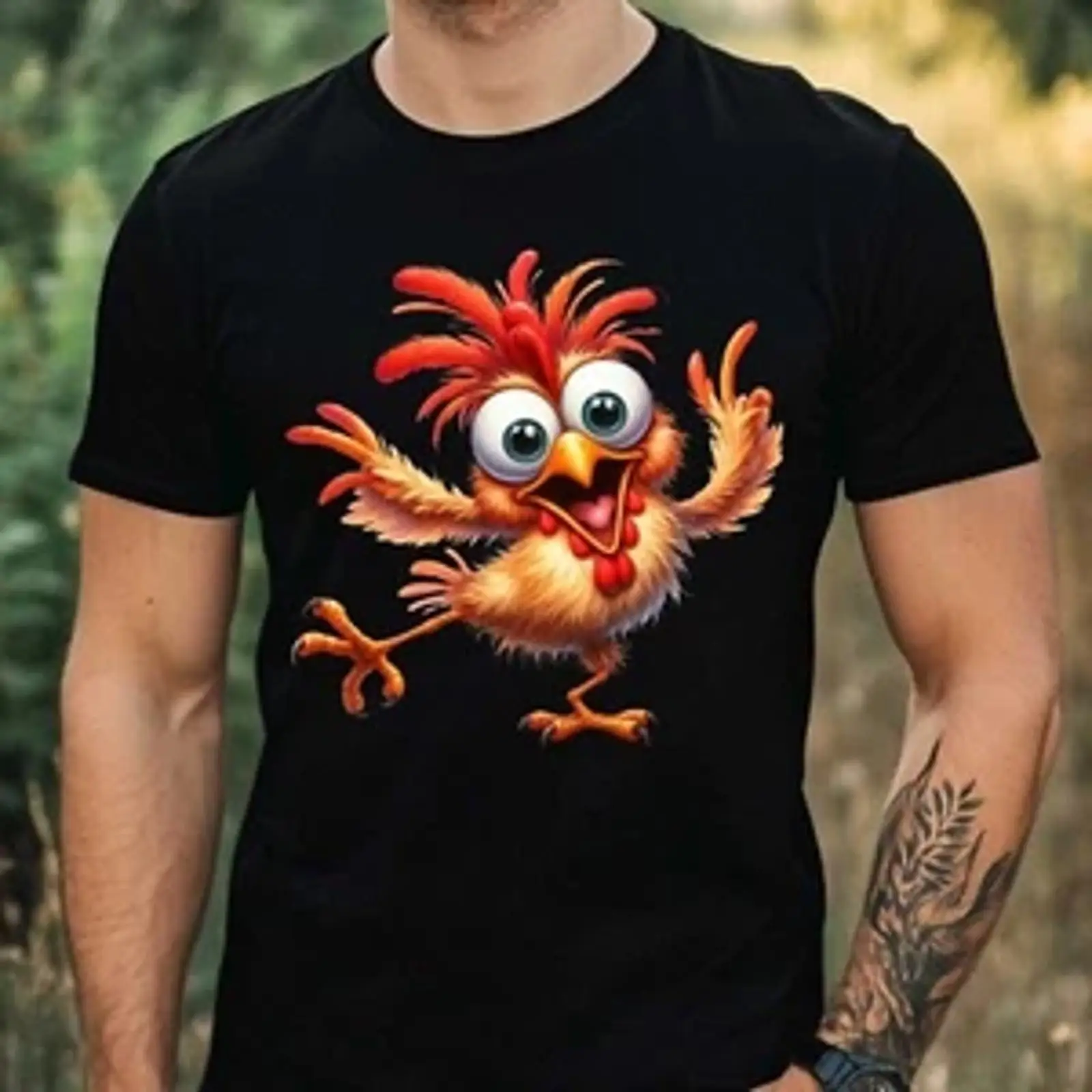 Vintage Fashion Herren - Erkek Tişörtü Komik Tavuk Motifli Pamuklu