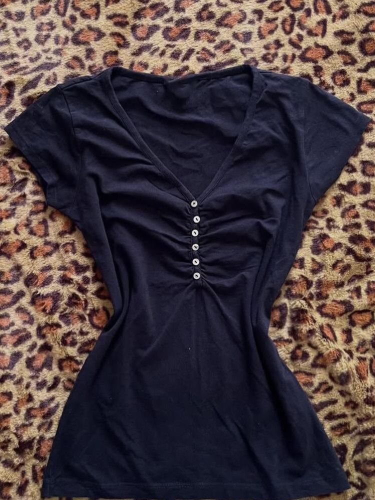 Kore Vintage Koyu Mavi T Shirt - Vintage Fashion Korea incelemesi ve fiyatı